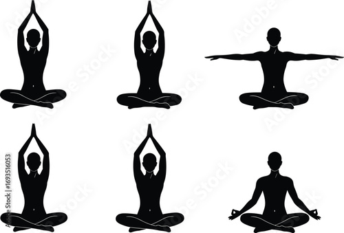 Yoga silhouette set with seated meditation poses, fitness exercise postures, lotus position, wellness illustration, healthy lifestyle vector design