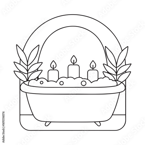 Relaxing bathtub with three lit candles and decorative leaves line art Keywords: bathtub, bath, candles, flame, light, relaxation, spa, wellness, self-care, hygiene, cleansing, water, bubbles