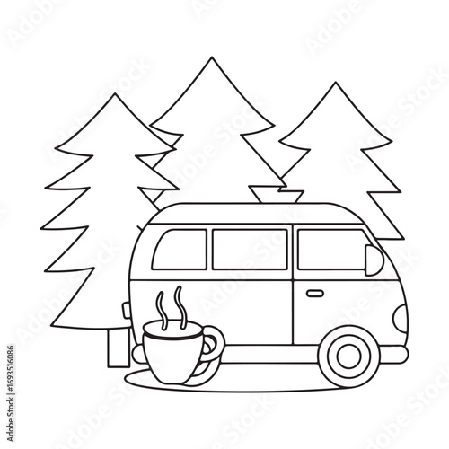 Line art illustration of a vintage camper van parked among pine trees with a steaming cup of coffee