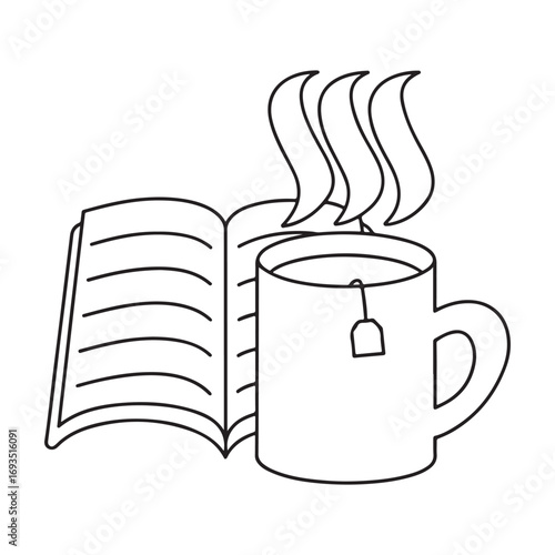 Open book with steaming cup of tea and tea bag on white background Keywords: book, open book, reading, tea, cup, hot drink, steam, tea bag, beverage, relaxation, comfort, cozy, simple, line art