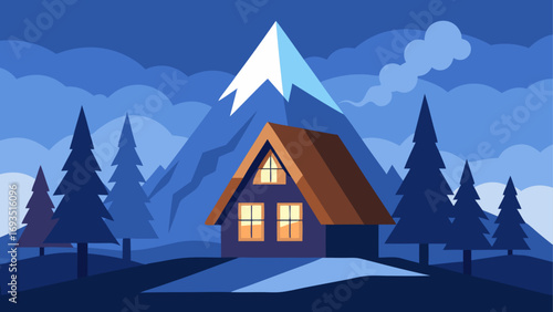 Cabin view among mountains and pine trees