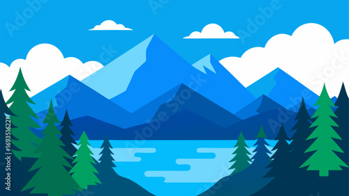 Landscape with mountains trees and a lake