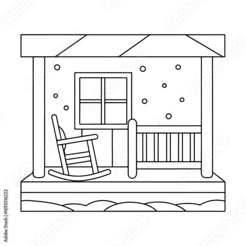Line art illustration of a porch with a rocking chair and a railing during snowfall veranda deck