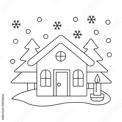 Simple line art drawing of a cozy winter house with trees and falling snow home snowflake