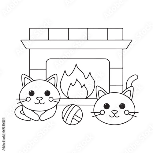 Two cute cartoon cats with a ball of yarn by a fireplace kittens feline