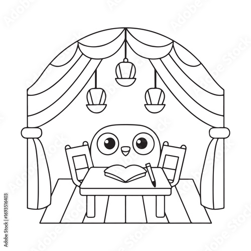 Cute cartoon owl character sitting at a table with a book and pencil under draped curtains chair