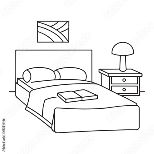 Simple Line Drawing of a Bedroom Scene with Bed and Nightstand Keywords: bedroom, bed, nightstand, lamp, pillows, blanket, book, headboard, furniture, interior, illustration, line art, drawing