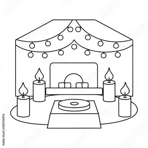 Line art illustration of a festive indoor scene with candles and string lights christmas holiday