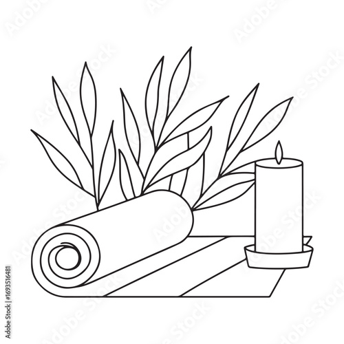 Line Art Illustration of a Rolled Spa Towel with Bamboo Leaves and a Burning Candle Keywords: spa, wellness, relaxation, massage, yoga, meditation, self-care, tranquility, peace, calm, health