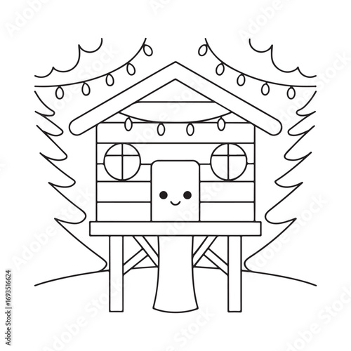 Cute cartoon treehouse with string lights and smiling face on white background Keywords: treehouse, cute, cartoon, drawing, illustration, simple, outline, black and white, line art, doodle