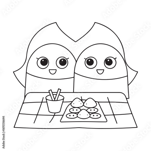 Two cute cartoon characters sharing a meal with dumplings and chopsticks food