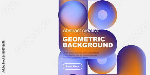 Abstract geometric design. Vivid colors, shapes overlap. Text includes geometric background, plus sample text, button. Minimalist style.