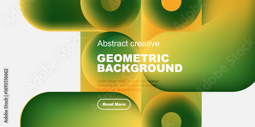 Abstract geometric shapes, vibrant colors, modern design. Text overlay includes geometric background, plus sample text, button.