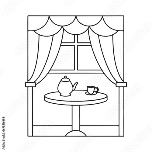 Cozy interior scene with a window, draped curtains, and a small table with a teapot and teacup vector
