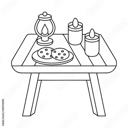 Line art illustration of a wooden table with a lantern cookies and candles vector
