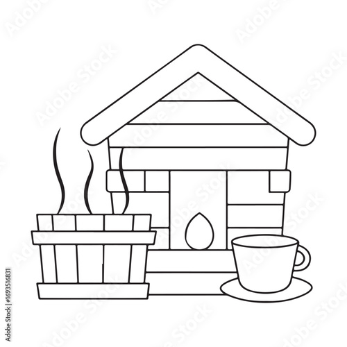 Line art illustration of a sauna with a steaming tub and a cup of tea bathhouse