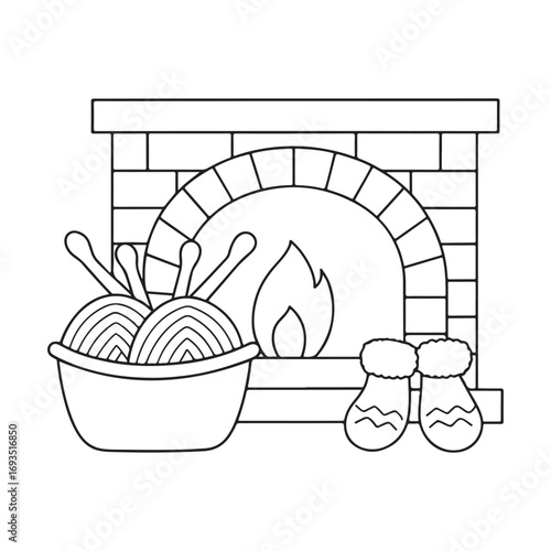 Cozy Fireplace Scene Outline with Yarn Bowl and Mittens Keywords: fireplace, outline, drawing, line art, brick, hearth, fire, flames, yarn, knitting, craft, hobby, bowl, mittens, cozy, winter