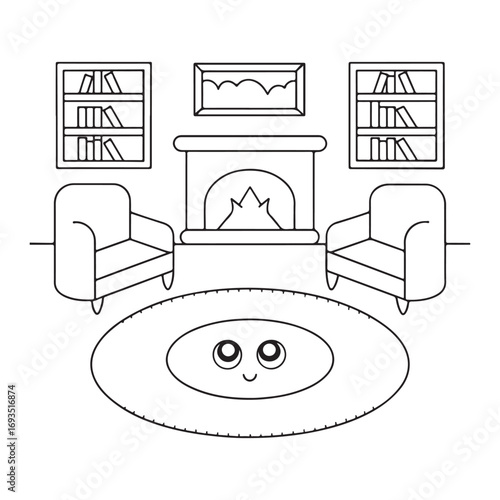 Cozy Living Room Outline with Fireplace, Armchairs, Bookshelves, and Cartoon Rug Keywords: living room, outline, drawing, line art, fireplace, armchair, bookshelf, rug, cartoon, cute, interior