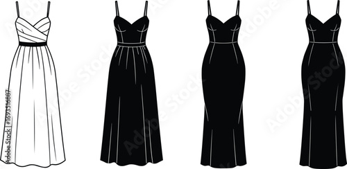 Fashion flat sketch long evening dress set with spaghetti straps front and back views women’s gown illustration sewing pattern template