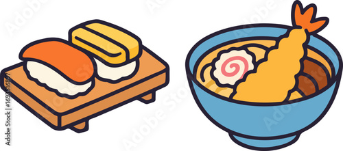 An illustration of popular Japanese food, including nigiri sushi and tempura udon.