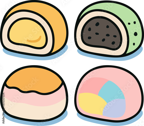 Four cartoon-style illustrations of various Japanese mochi and wagashi sweets, featuring different colors and fillings, depicted as a delightful collection.