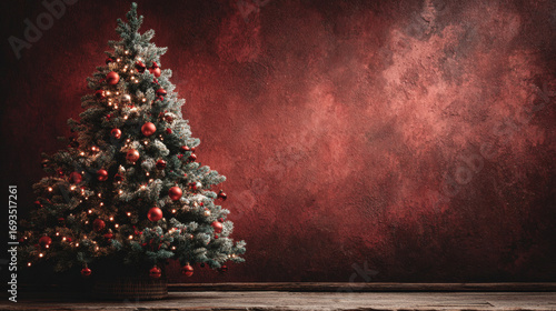 Xmas tree glowing with golden lights and red baubles on dark red festive canvas holiday banner with space for greeting