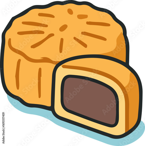 A cartoon illustration of a whole mooncake and a cut mooncake showing its rich, dark filling.