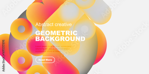 Vibrant abstract shapes overlap, creating dynamic geometric background. Text promotes further exploration. Modern design elements present.