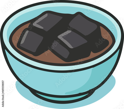 A cartoon illustration of a light blue bowl containing a brown liquid and several dark, cube-shaped jelly pieces.