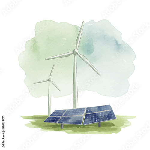 Sustainable energy watercolor design featuring solar panels and wind turbines for green technology