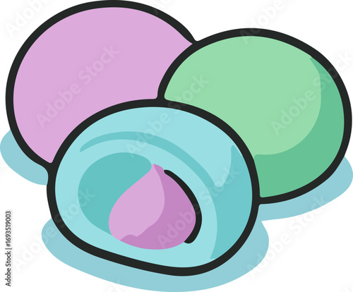 A close-up illustration of three colorful mochi desserts, with one cut open to reveal its filling.