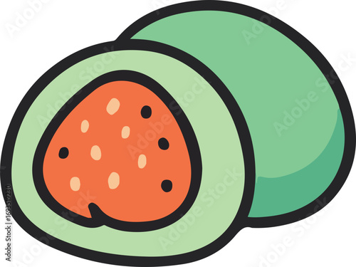 A cartoon illustration of two green mochi, one sliced open to reveal a red, seedy filling inside.