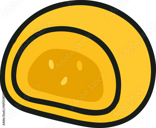 A simple, stylized illustration of a yellow mochi dessert with a dark outline.