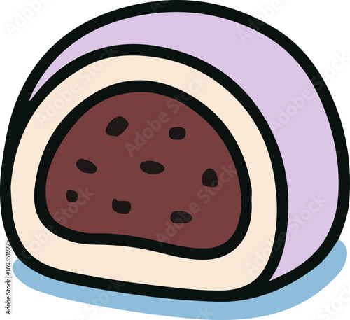A cartoon illustration of a cross-section of a purple mochi dessert with a red bean paste filling, showcasing its layers.