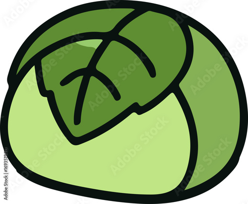 A stylized illustration of a round, green food item, possibly a mochi or similar, with a green leaf on top.