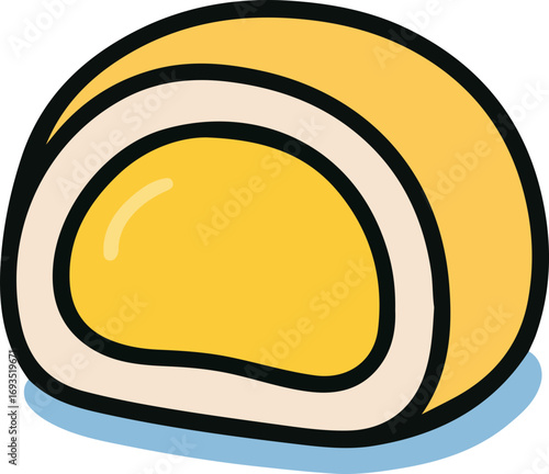 A close-up illustration of a delicious, yellow-filled, cream-colored, rolled dessert.