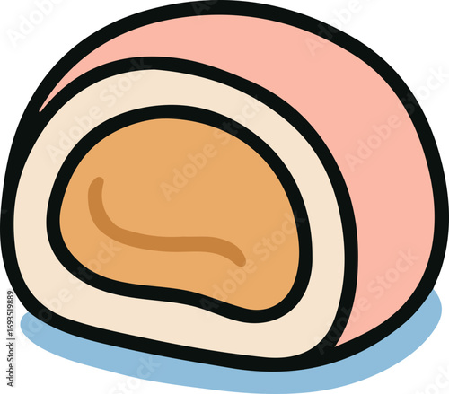 A cross-section of a pink mochi with a light brown filling.