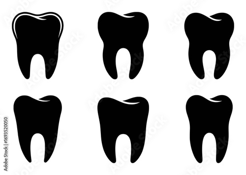 Black Silhouette Icons of Six Teeth on a White Background