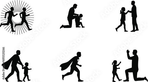 Father and child silhouette family bonding, superhero dad holding hands, parenting love, fatherhood care illustration set for family concept