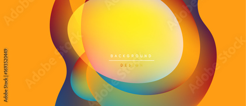 Abstract vibrant shapes overlap, creating dynamic visual effect. Warm colors dominate, with gradients transitioning smoothly. Background design features text elements.
