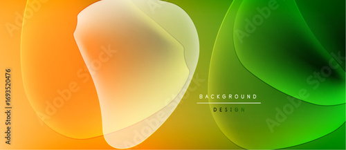 Abstract fluid shapes blend orange, yellow, green hues. Modern design suggests movement, energy, vibrant visual experience. Background features text elements.