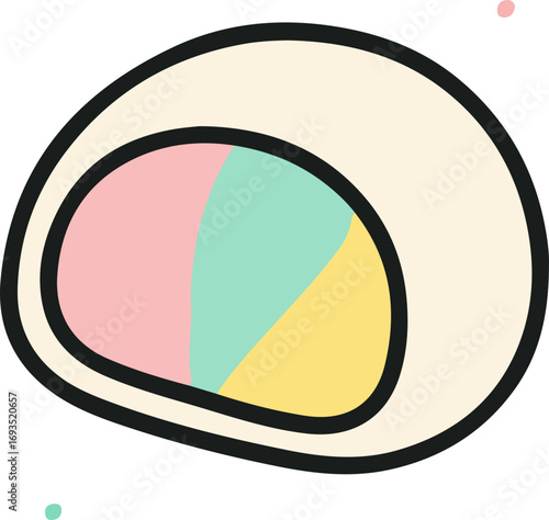 A cute, stylized illustration of a Japanese mochi ice cream dessert, cut to reveal a tri-color pastel filling of pink, yellow, and teal.