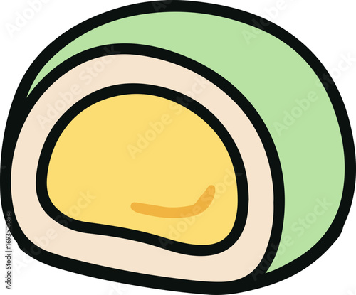 A simple vector illustration of a green tea mochi roll cake with a creamy yellow custard filling.