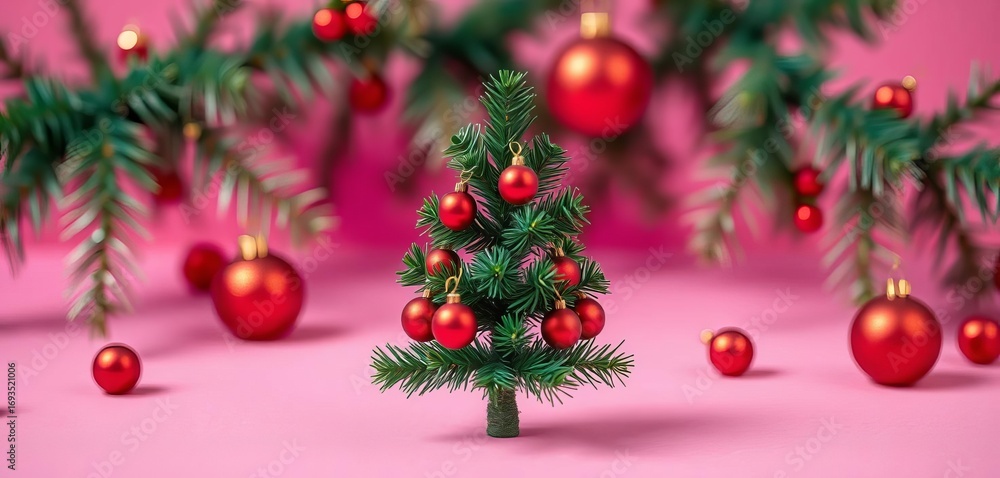 Fototapeta premium Miniature Christmas tree, red baubles, pink backdrop, christmas, red and pink