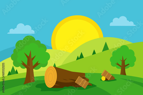Cartoon landscape with log and trees art