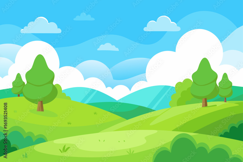 Fototapeta premium Cartoon landscape with trees and clouds sky