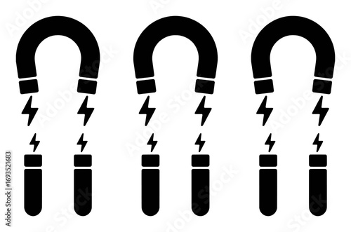 Three horseshoe magnets attracting small objects with lightning bolt symbols