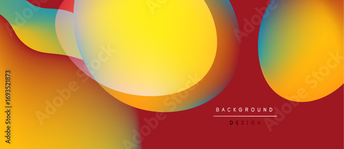 Abstract fluid shapes overlap. Warm colors dominate, creating dynamic visual effect. Red background contrasts bright yellows, turquoise hues.