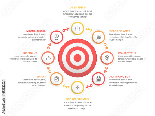 Business infographic template with central target connected to eight colorful information boxes
