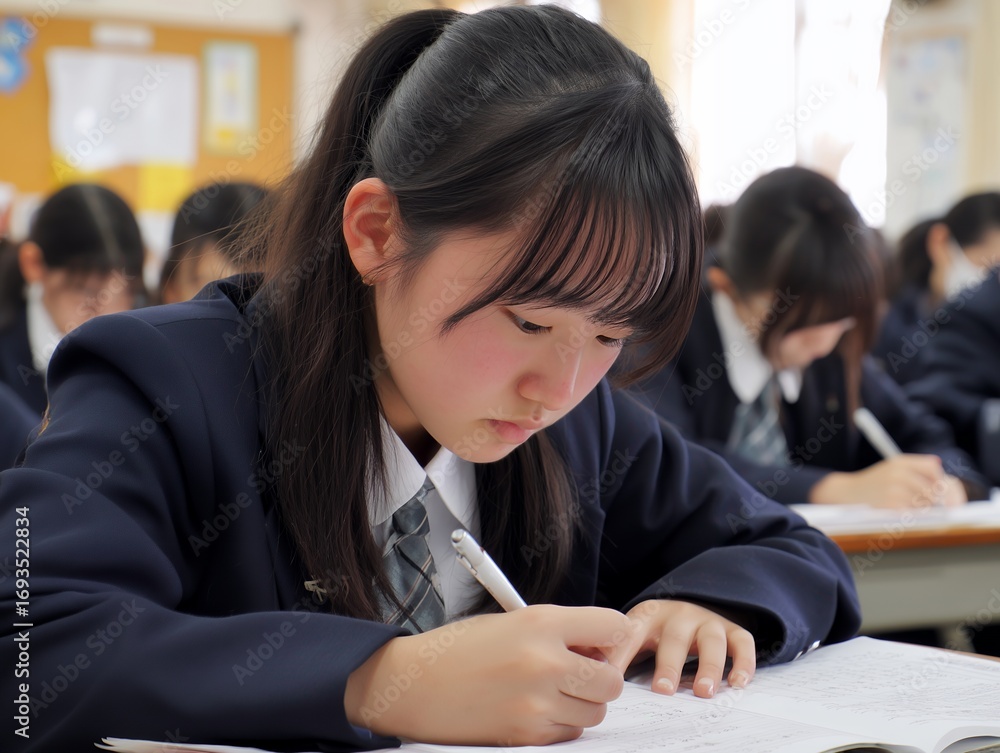 真剣に勉強に取り組む日本人女子学生の教室風景